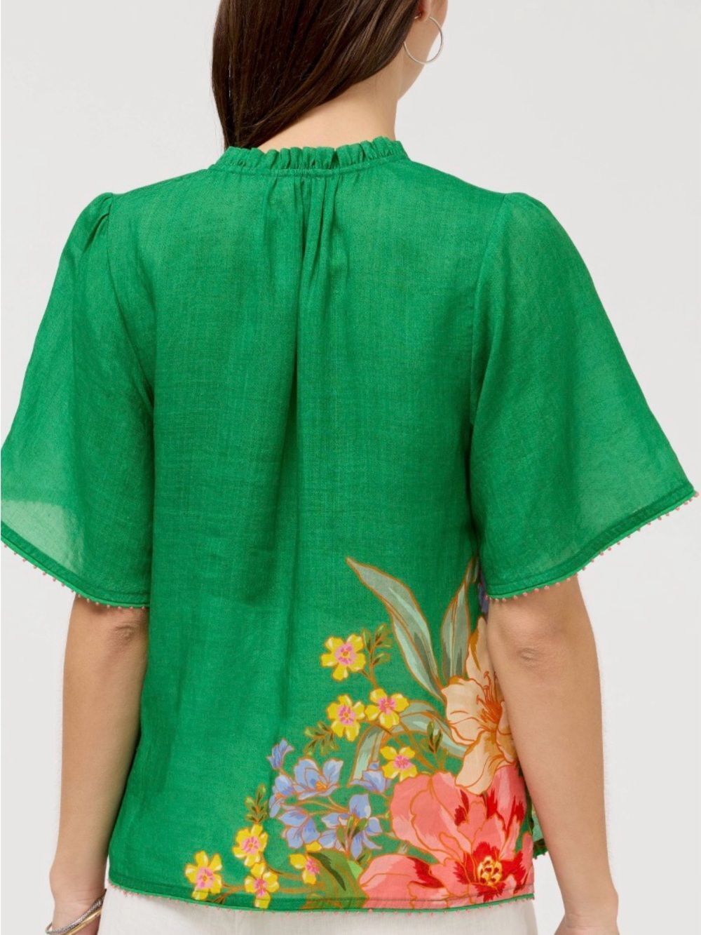 Johnny Was Green Floral Flutter Sleeve Blouse with Pink & Orange Blooms S - Picture 2 of 10